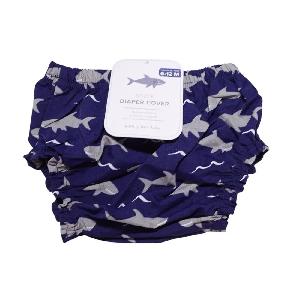 NWT Pottery Barn Kids Diaper Cover 6-12M Blue Gray Shark Print Water Resistant